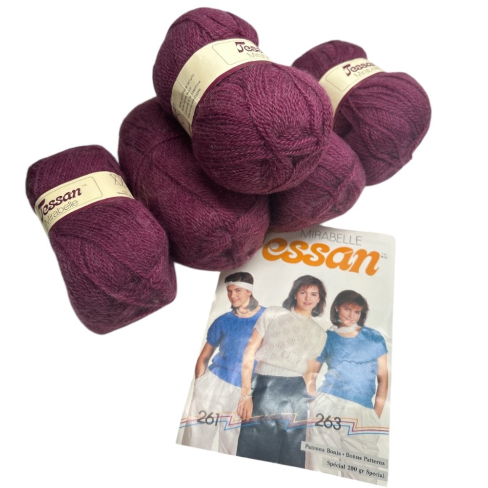 Vintage Tessan Mirabelle Wool Blend Yarn Bundle In Purple Includes Bonus Pattern